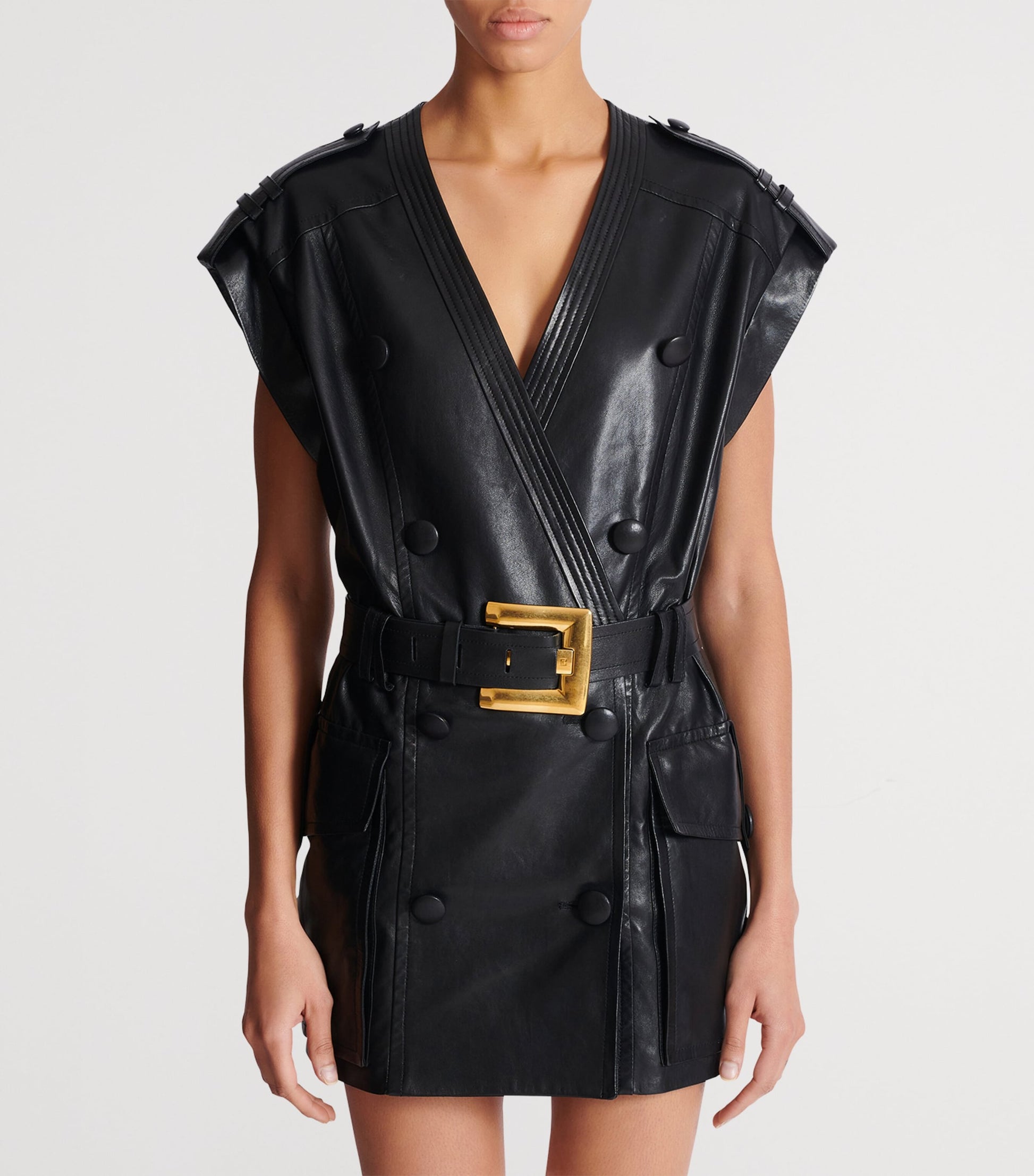 Balmain Black Leather Belted Mini Dress