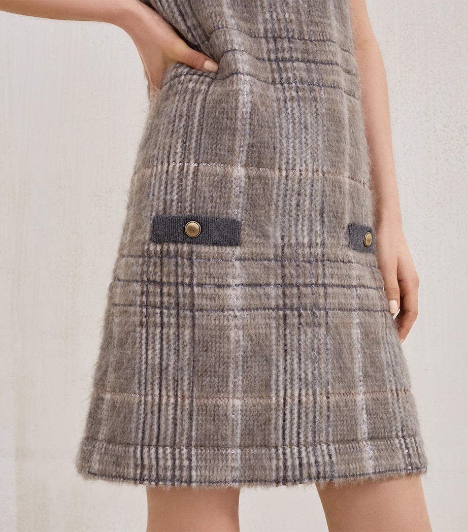 Brunello Cucinelli White Wool-Blend Checked Mini Dress