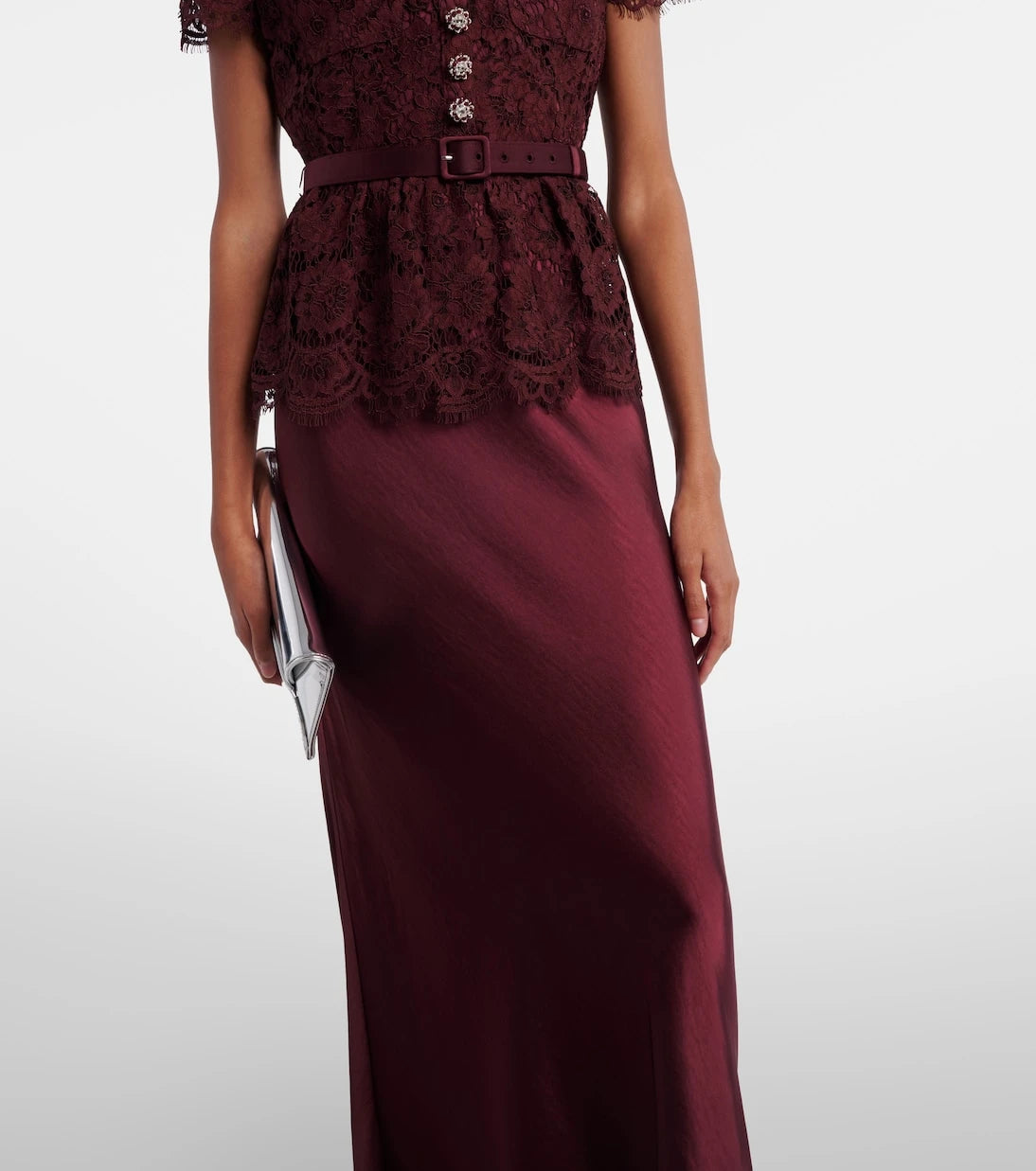 Self-Portrait - Belted lace and satin maxi dress