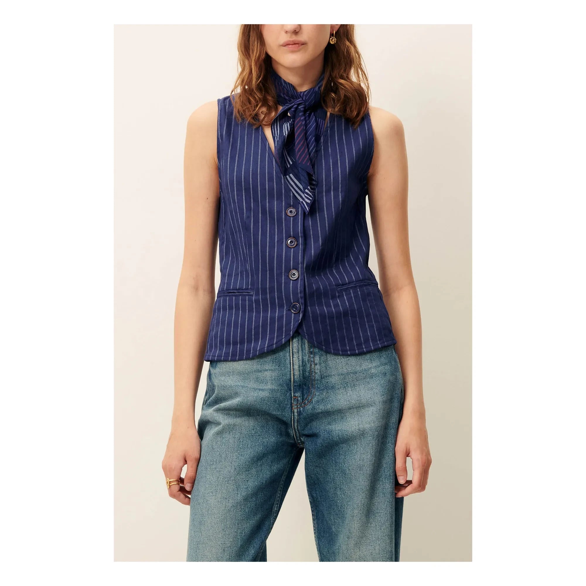 Sessùn - Fernando Linen Stripes Sleeveless Blouse | Navy blue
