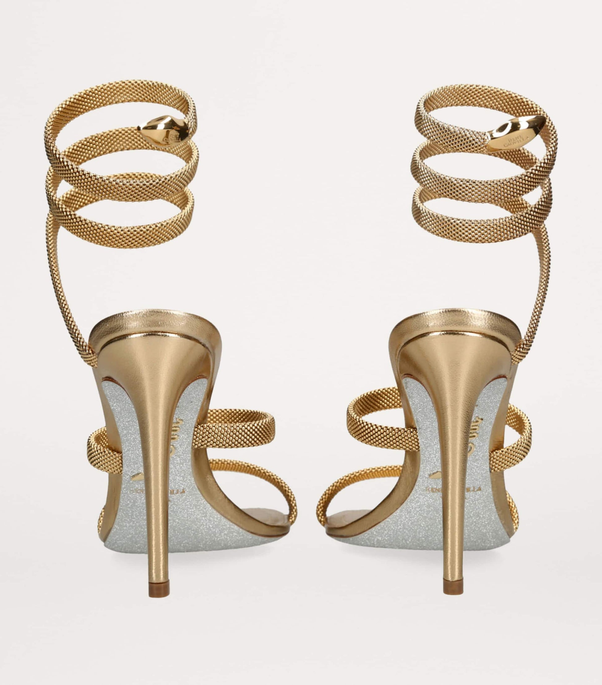 René Caovilla Gold Leather Serpent Heeled Sandals 105