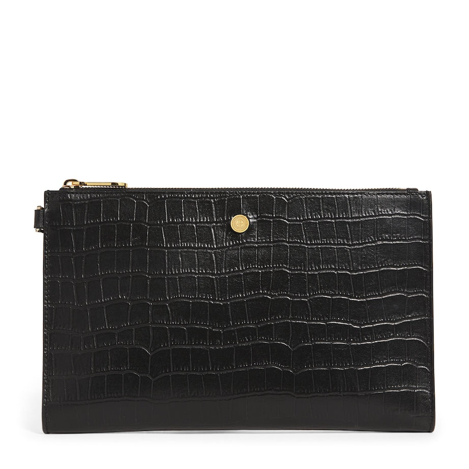 Black Medium Croc-Embossed Leather Pouch