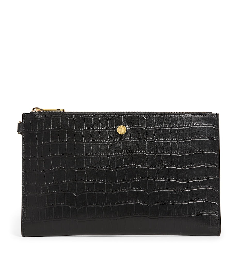 Black Medium Croc-Embossed Leather Pouch