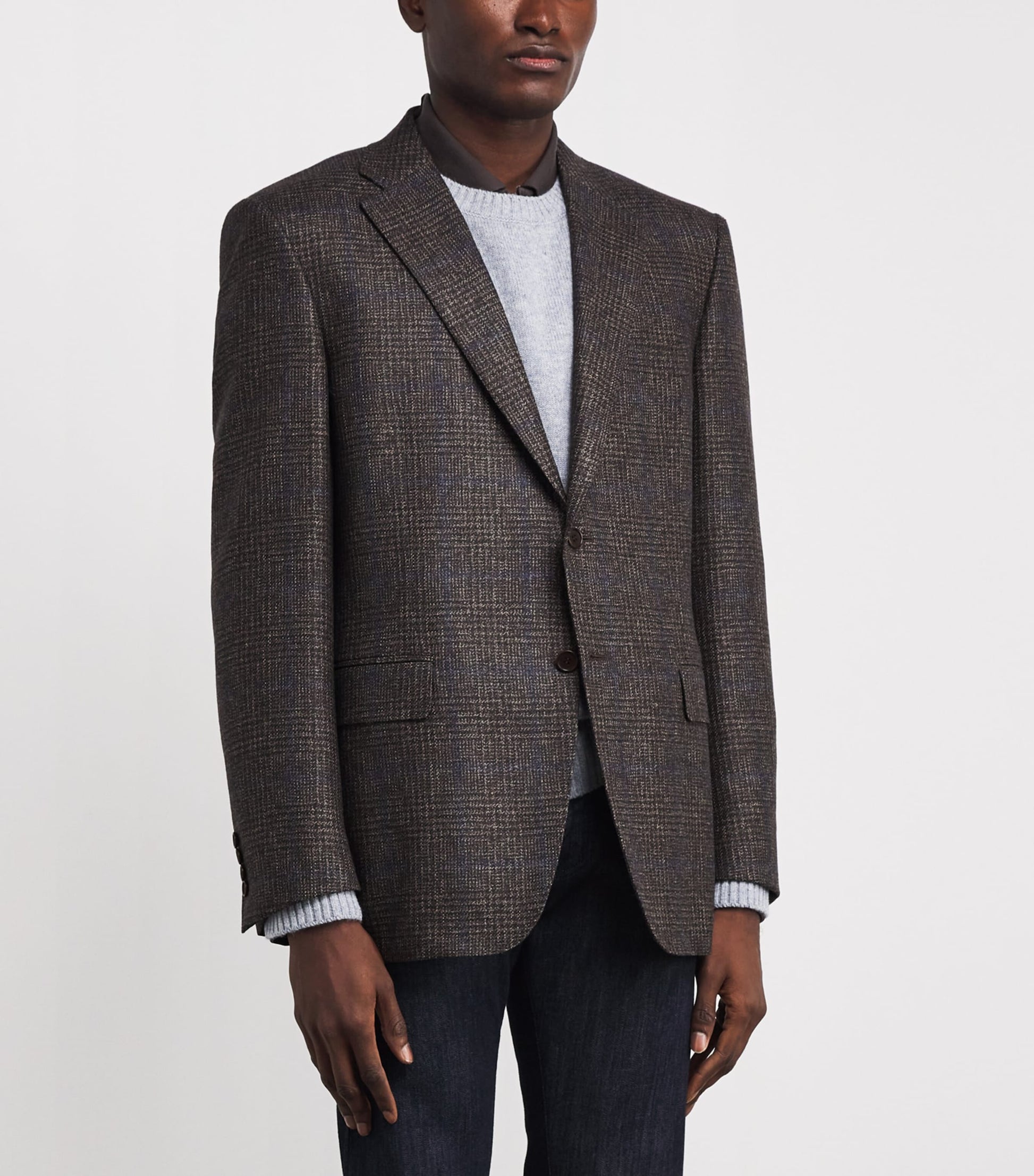 Canali Brown Wool Check Jacquard Blazer