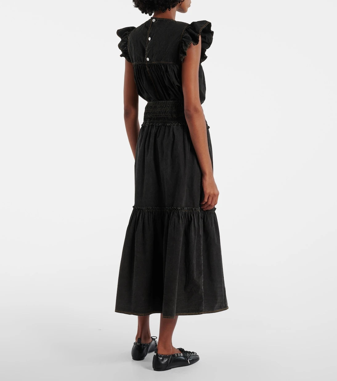 Ganni - Smocked tiered cotton maxi skirt