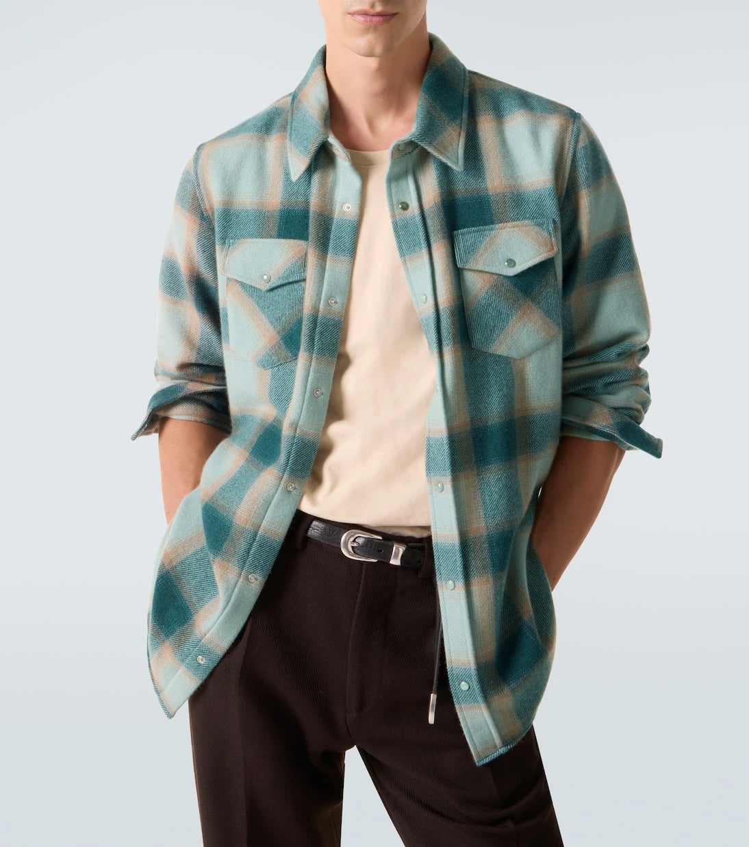 God's True Cashmere - Shadow plaid cashmere shirt with emerald