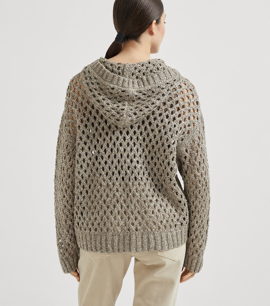 Brunello Cucinelli Brown Dazzling Netted Hooded Cardigan