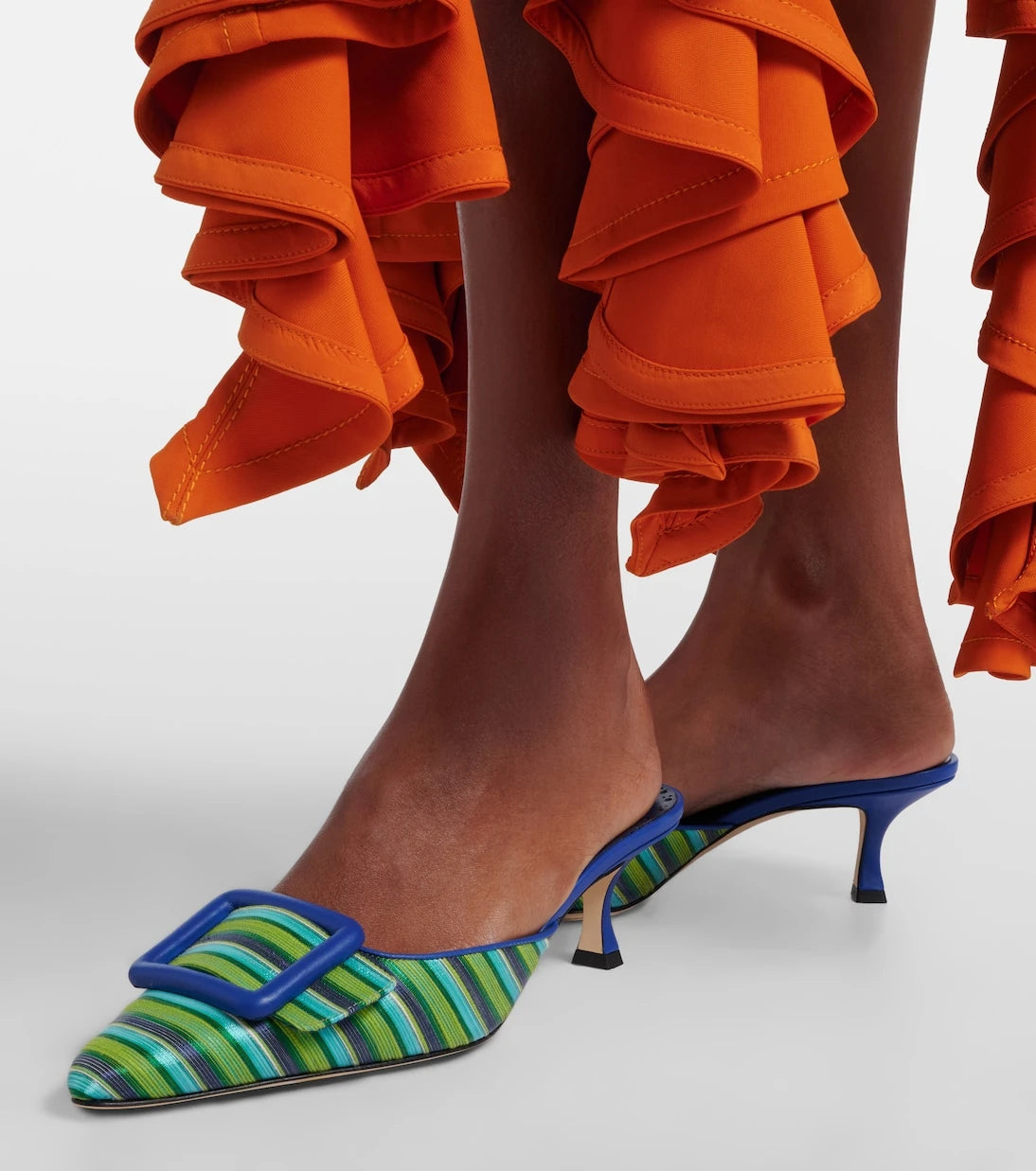 Manolo Blahnik - Maysalebi striped leather-trimmed mules
