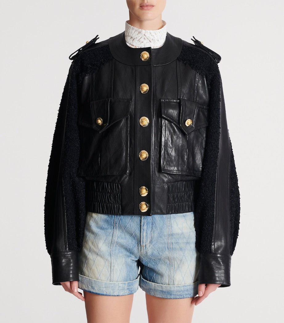 Black Tweed-Trim Leather Jacket