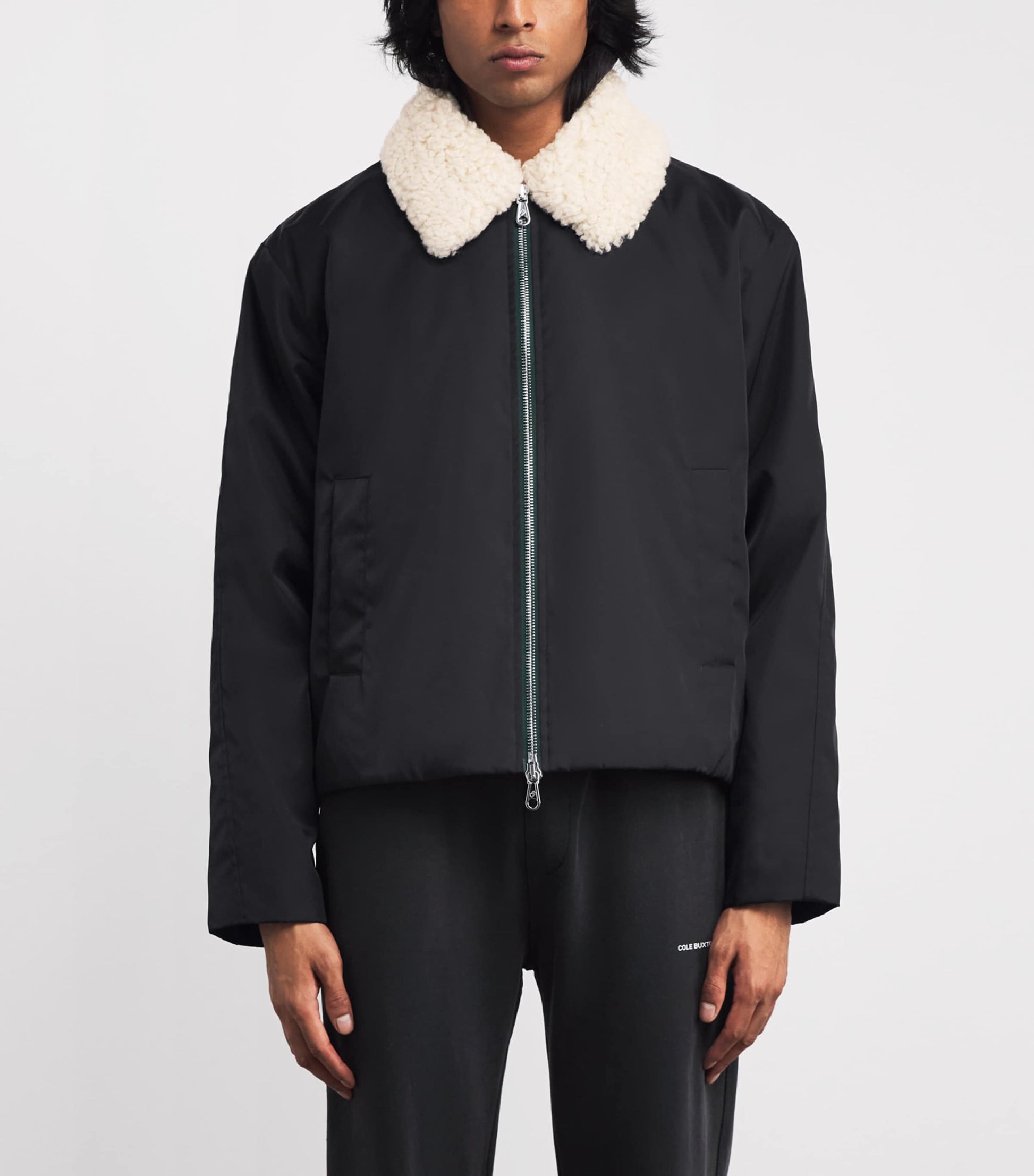 Black Faux Fur-Collar Bomber Jacket