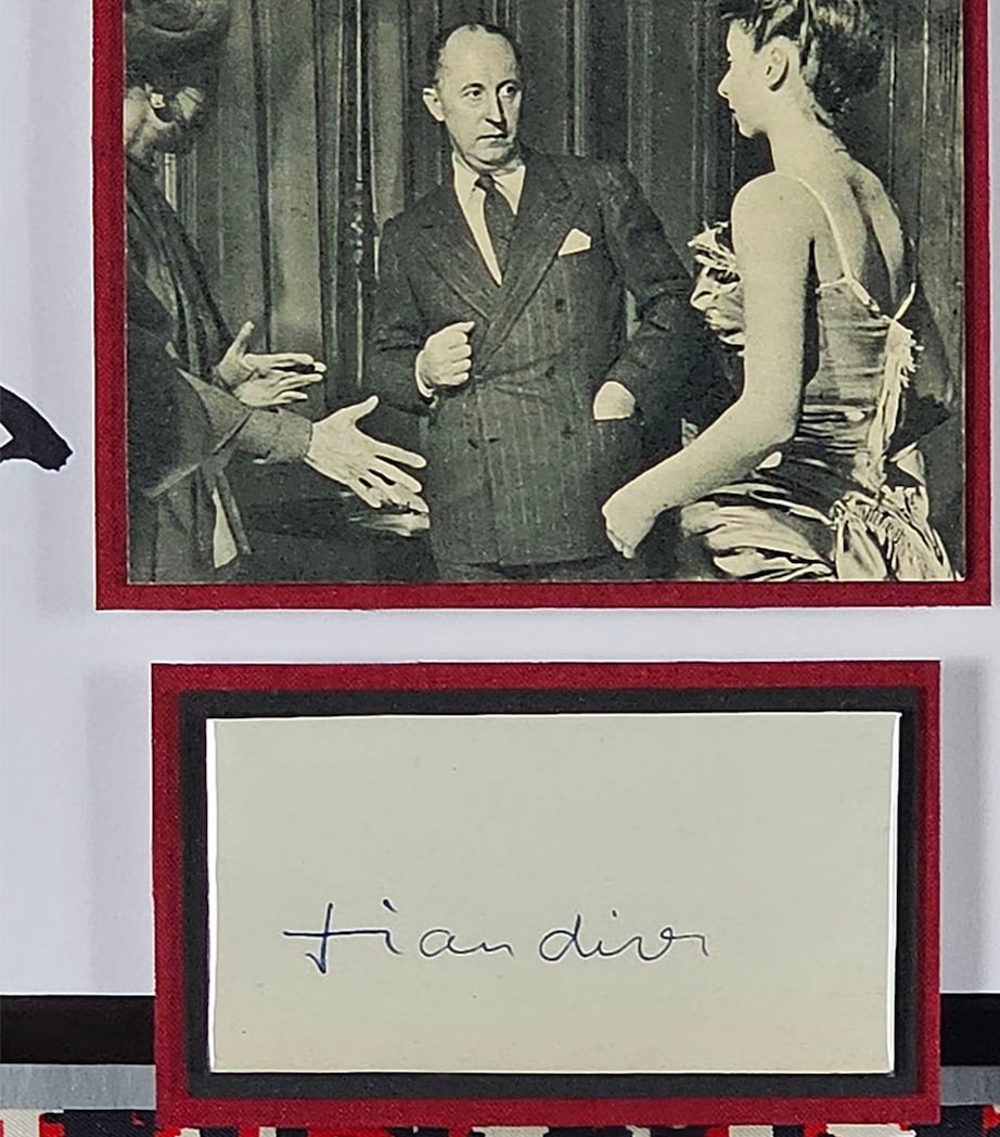 Christian Dior Signed Calling Card with Vintage Dior Scarf Framed Display