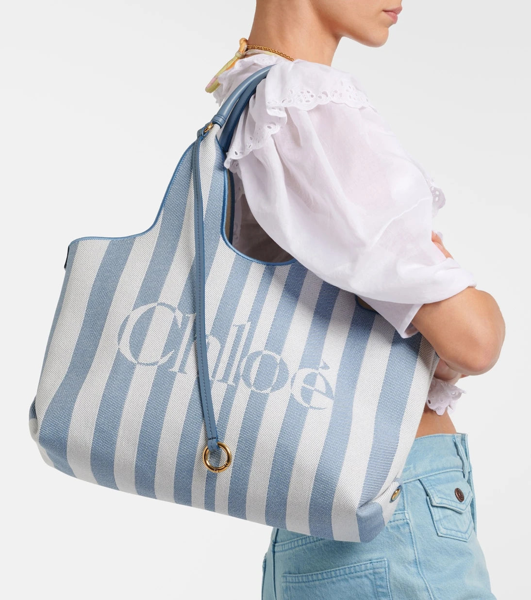 Chloé - Chloé Stripy Large logo canvas tote bag