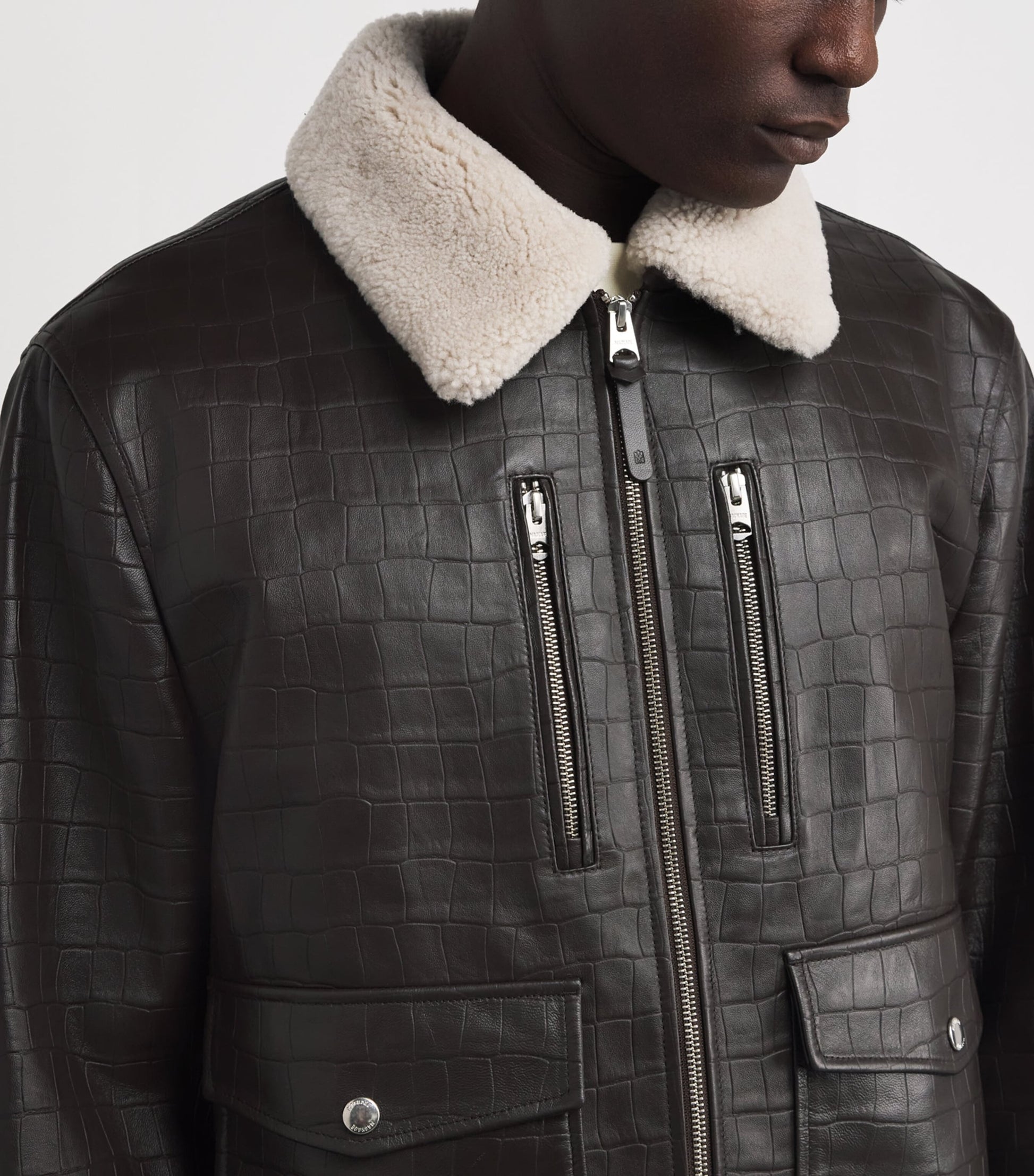 Mackage Brown Embossed-Leather Chance-NV Bomber Jacket