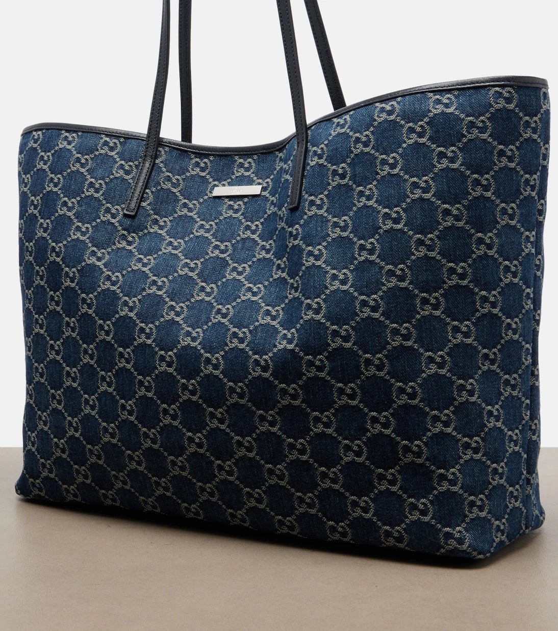 Gucci - Essence Large leather-trimmed denim tote bag