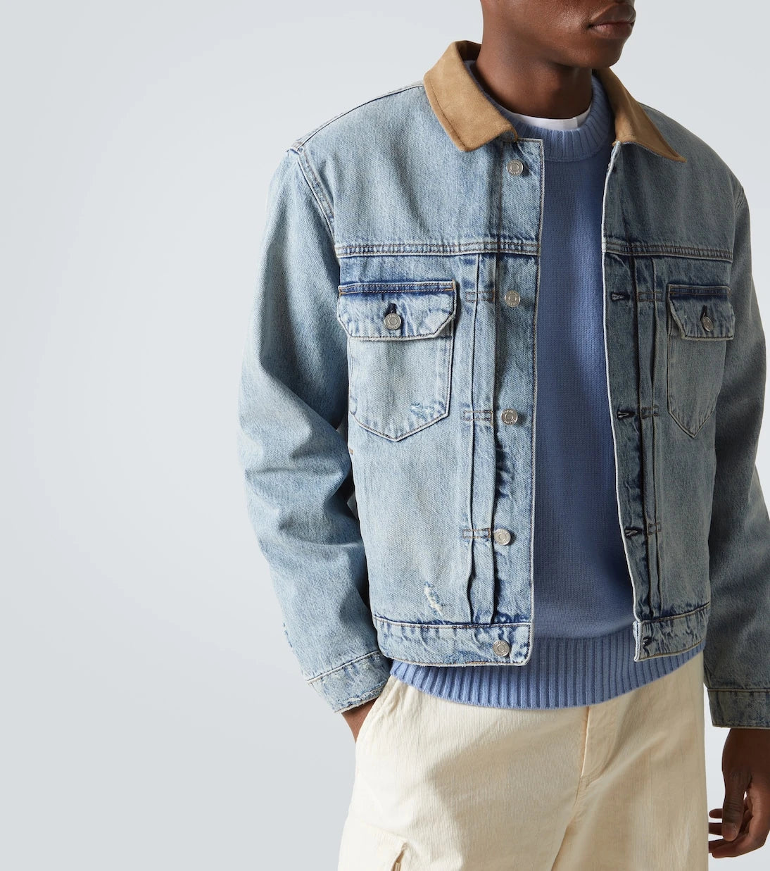 Frame - Distressed suede-trimmed denim jacket