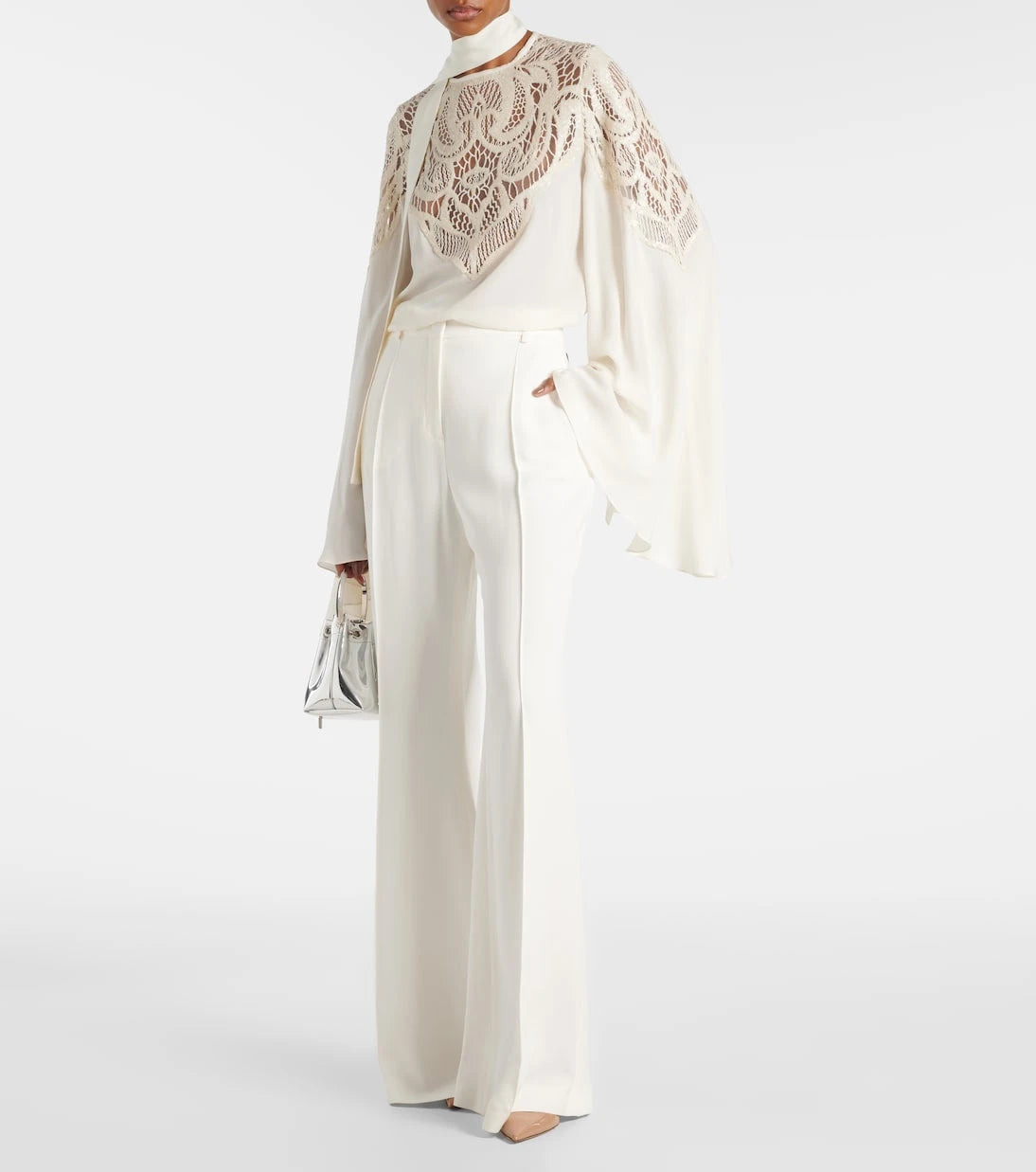 Elie Saab - Lace-trimmed tie-neck georgette blouse
