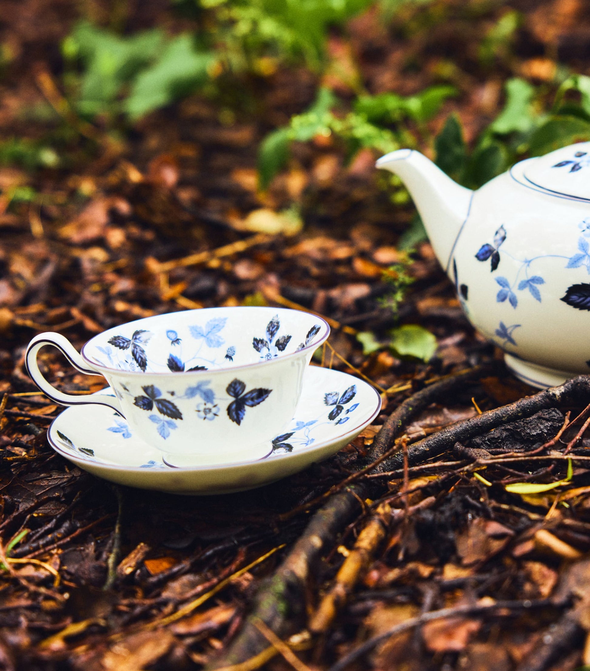 Wild Strawberry Inky Blue Teacup and Saucer