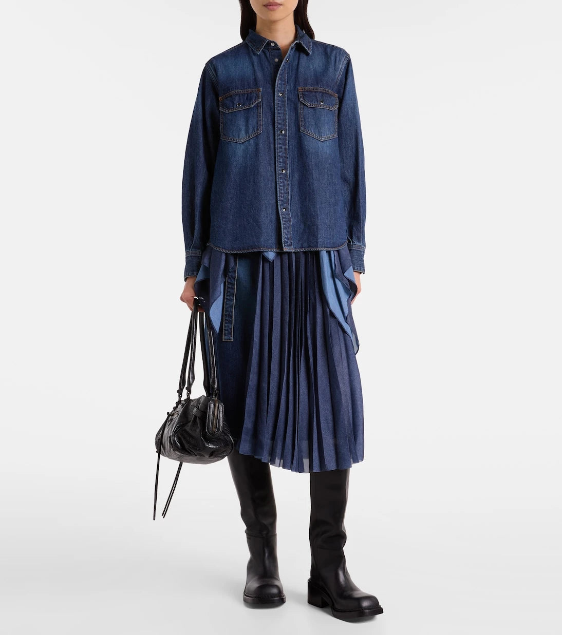 Sacai - Pleated denim midi skirt