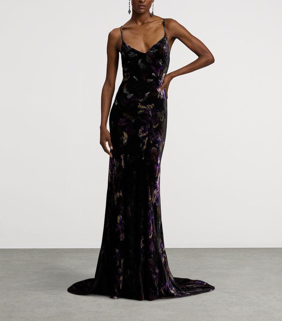 Black Velvet Embellished Floral Evening Dress