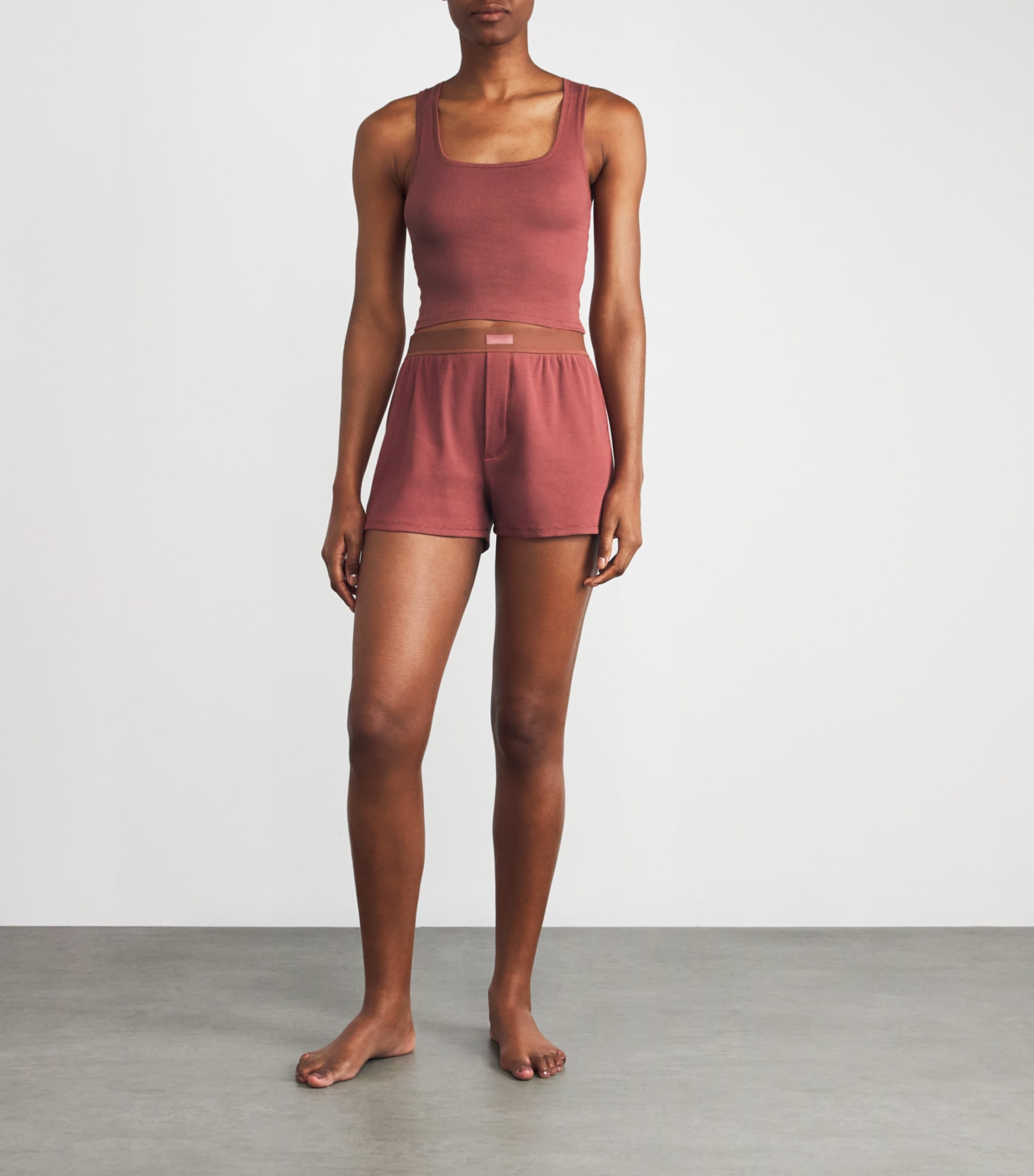 Skims Brown Cotton-Blend Ribbed Boxer Shorts