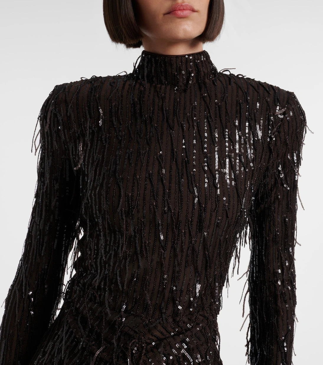 Rotate - Fringed ruched sequined mesh minidress