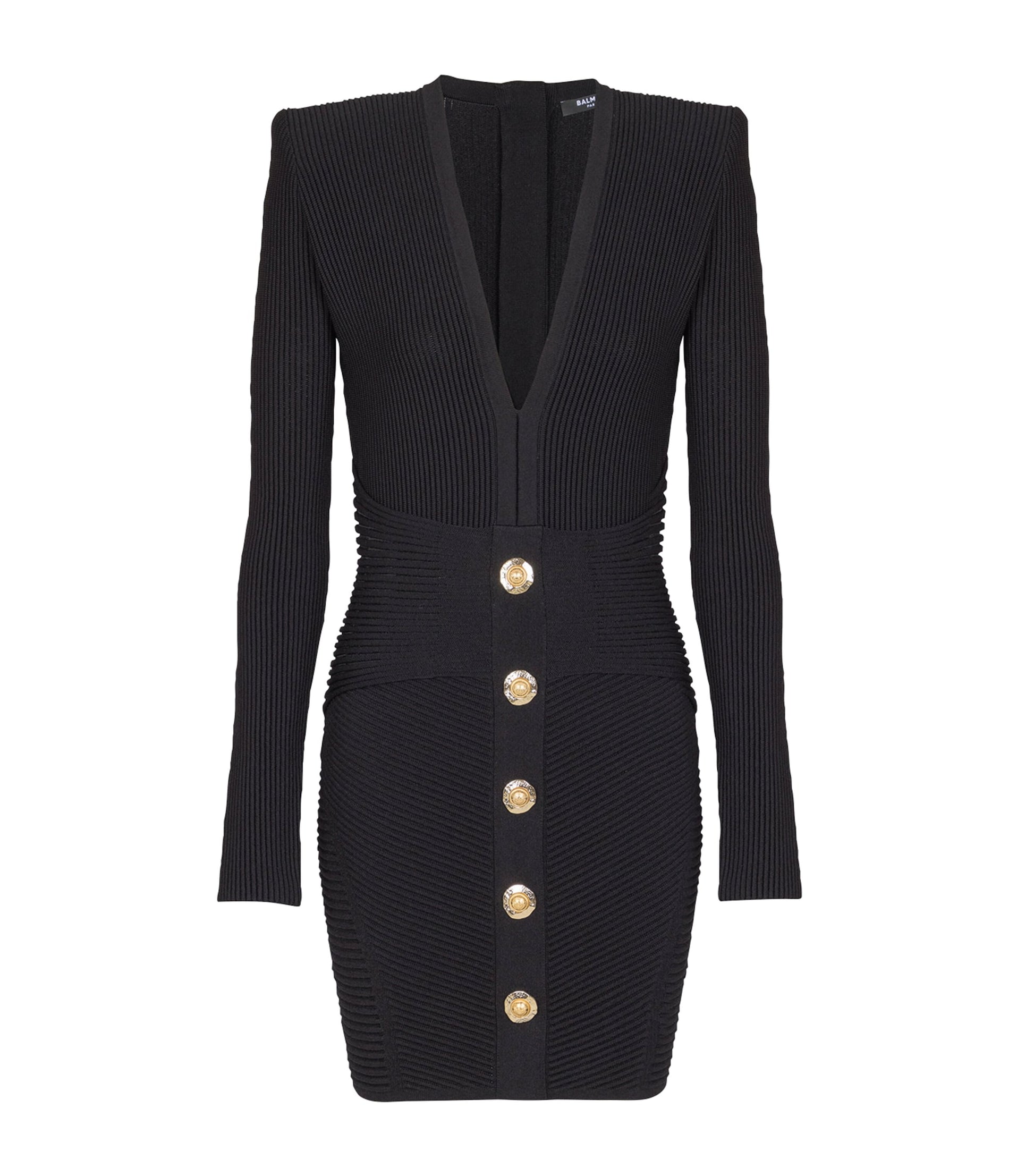Balmain Black Knitted Button-Up Mini Dress
