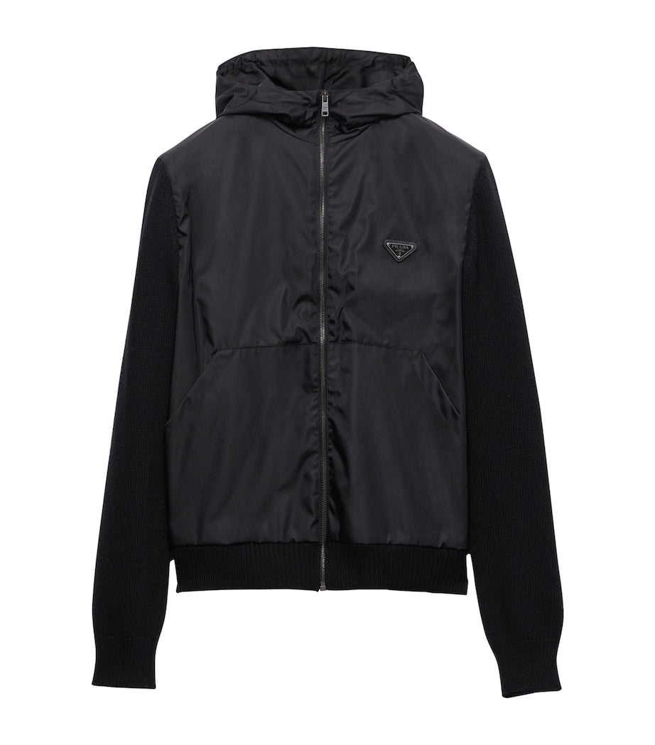 Prada Black Wool-Cashmere-Sleeve Zip-Up Hoodie