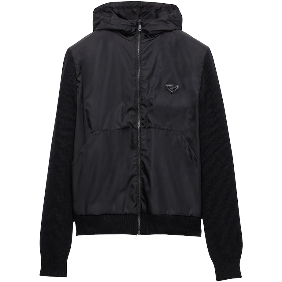 Prada Black Wool-Cashmere-Sleeve Zip-Up Hoodie
