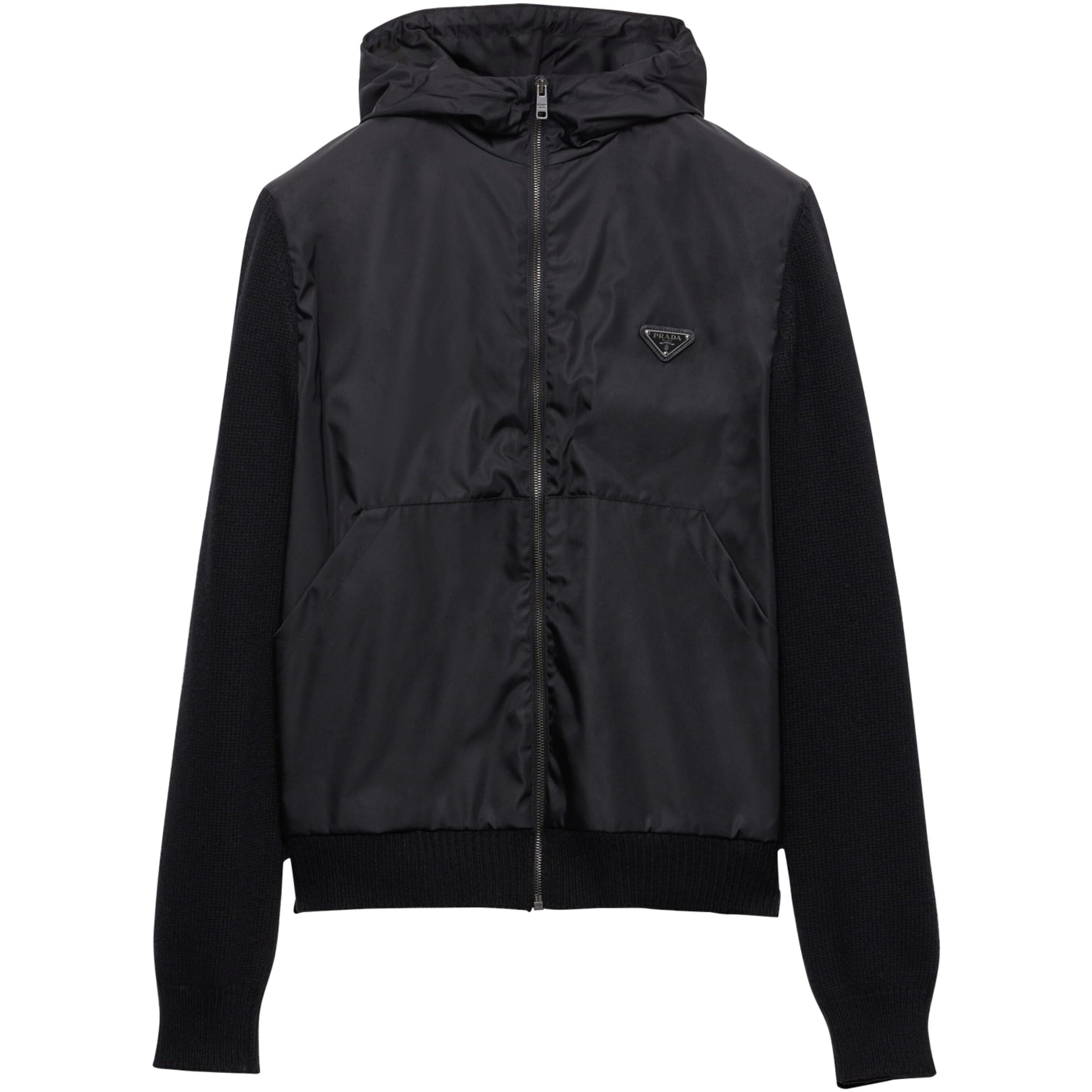 Prada Black Wool-Cashmere-Sleeve Zip-Up Hoodie