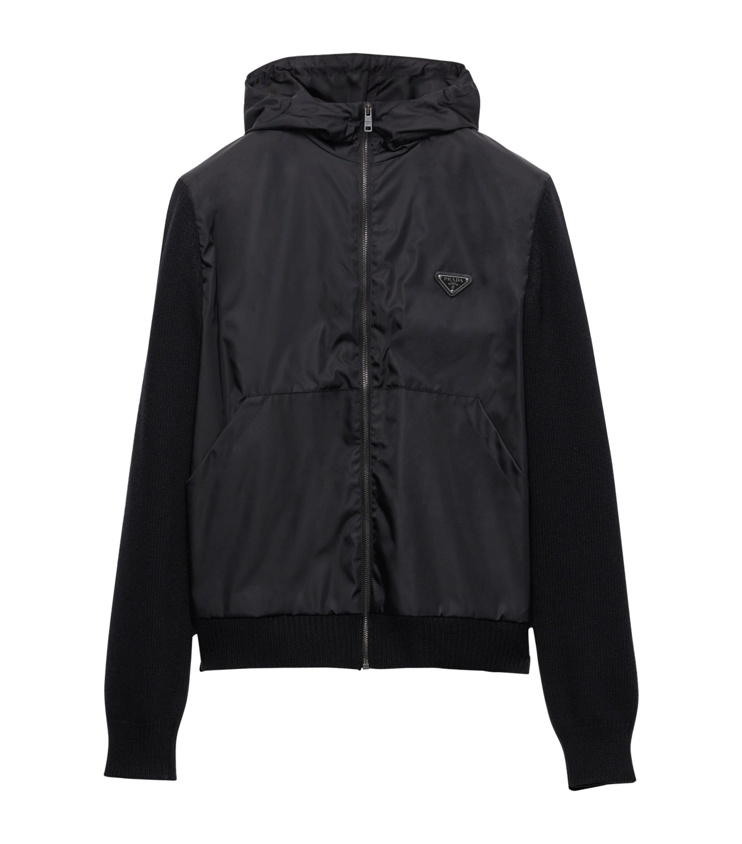 Prada Black Wool-Cashmere-Sleeve Zip-Up Hoodie
