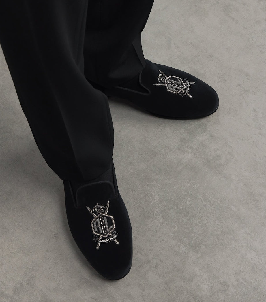 Velvet Crest-Embellished Slippers