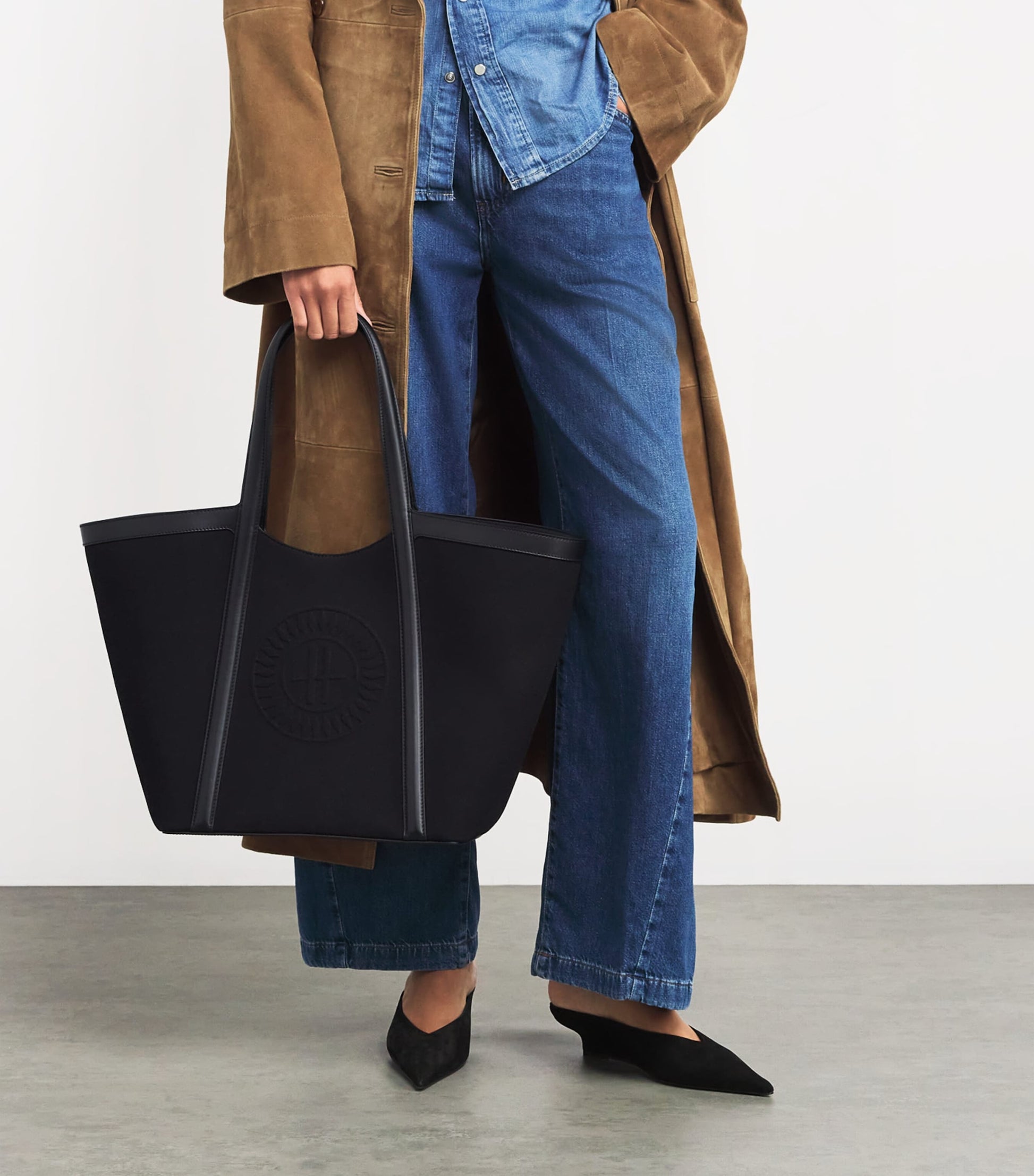 Large Canvas-Leather Embossed Tote Bag BLACK