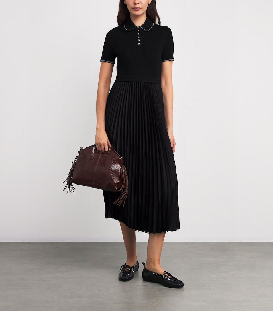 Maje Black Pleated-Skirt Polo Midi Dress