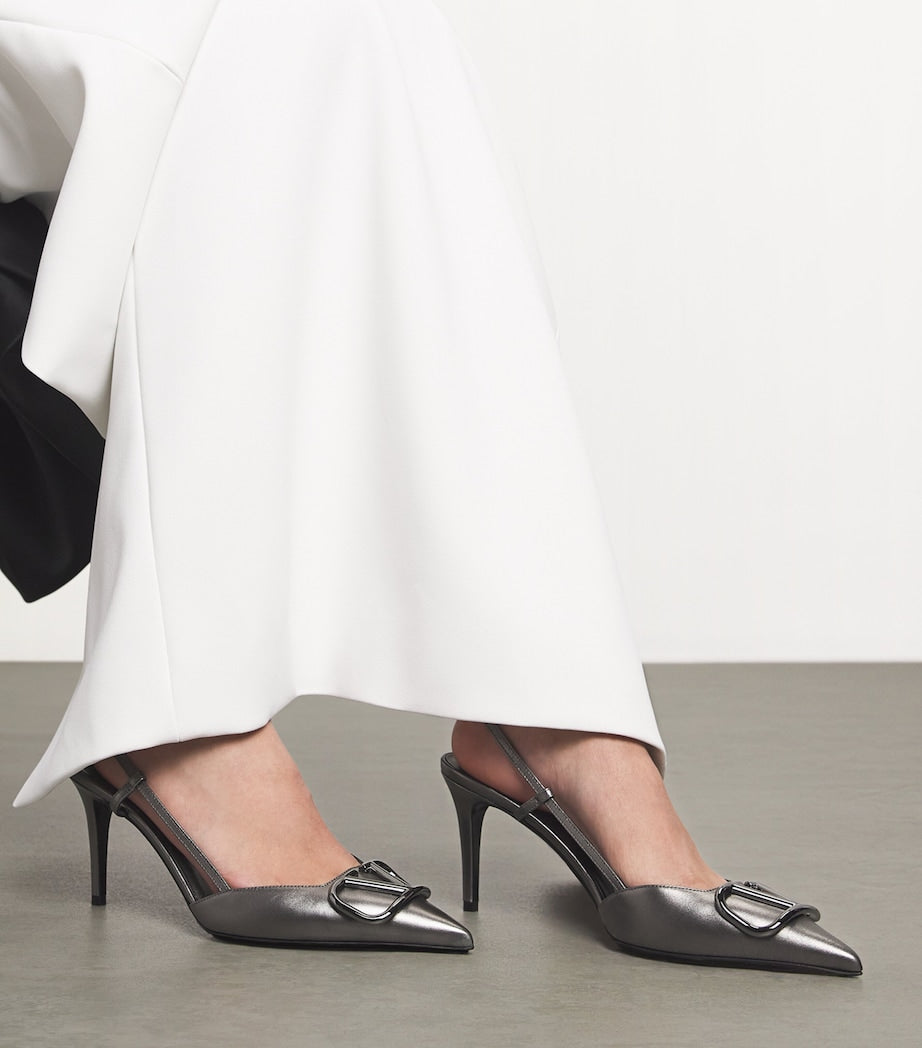 Valentino Garavani Grey Leather VLogo Slingback Pumps 80