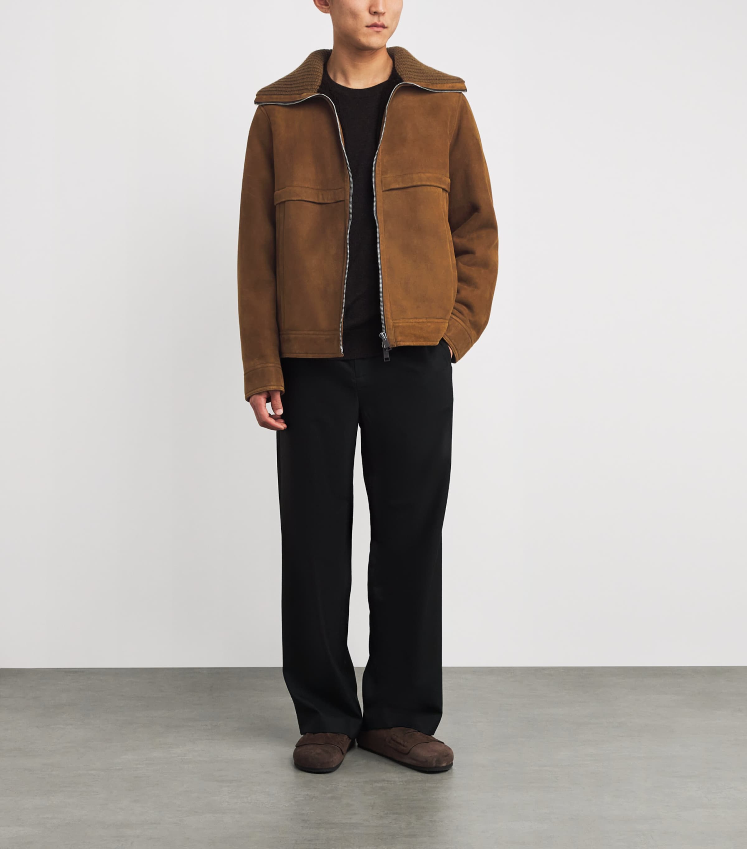 Yves Salomon Brown Suede Knit-Collar Jacket