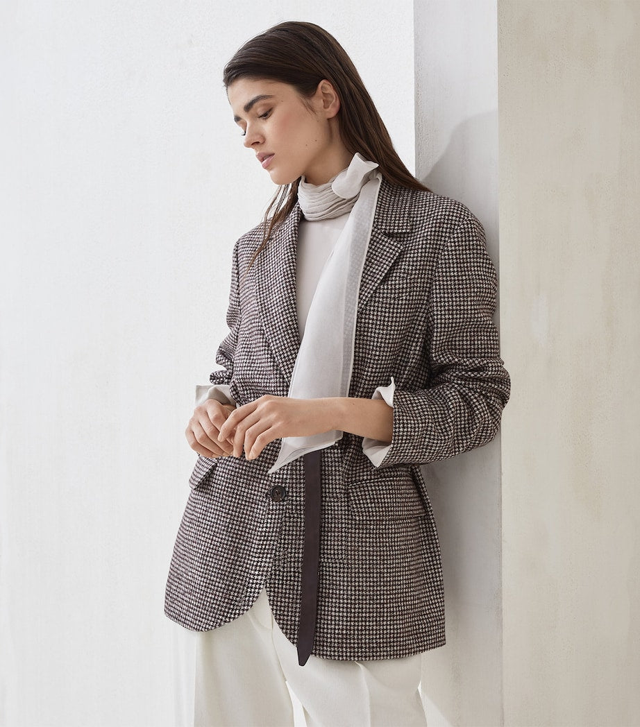 Brunello Cucinelli Brown Wool-Alpaca Houndstooth Belted Blazer