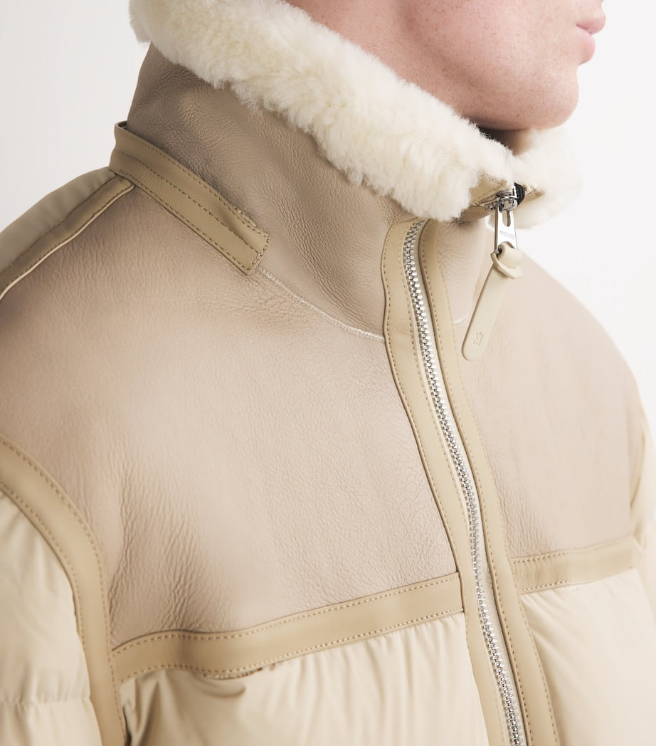 Beige Down Leather-Trim Parka