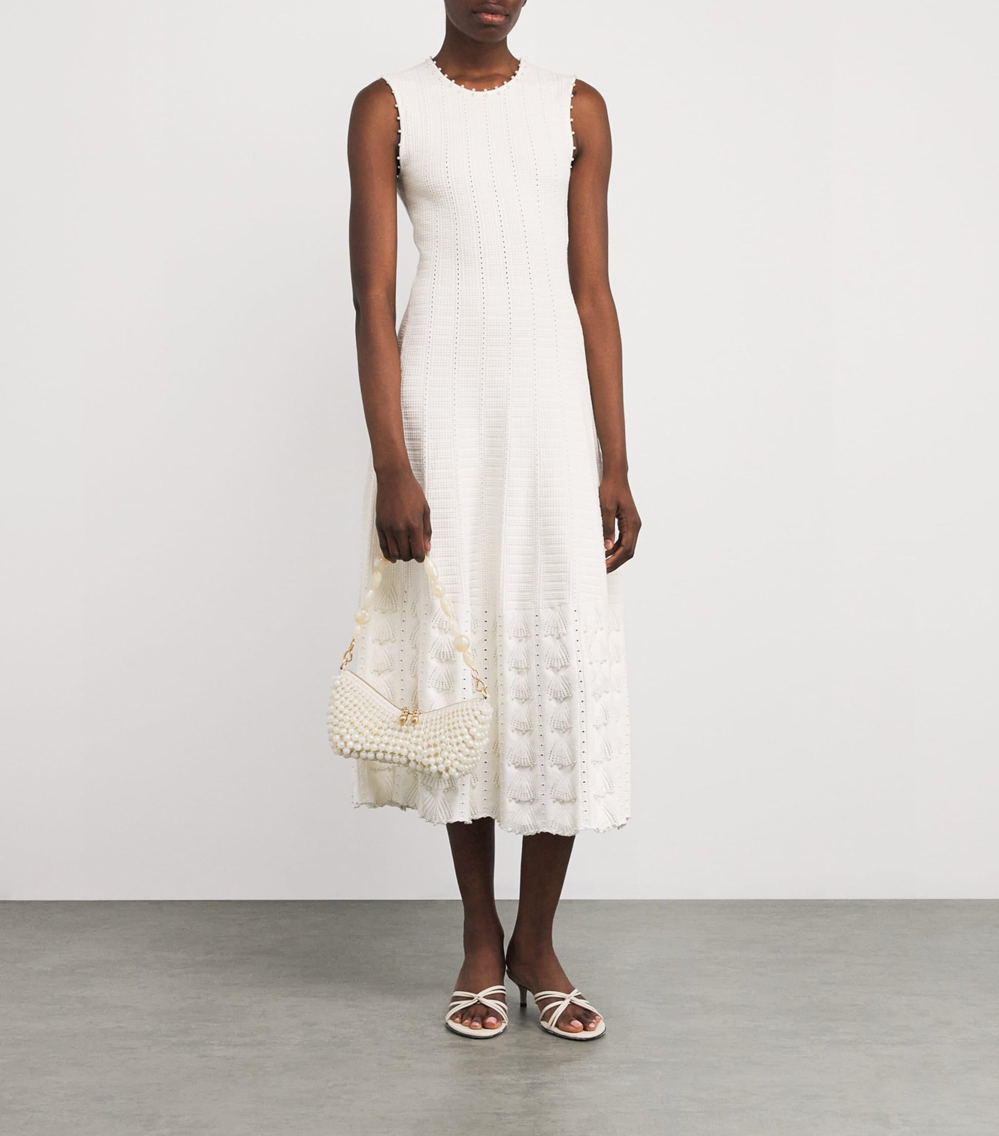 Maje White Pointelle Beaded Midi Dress