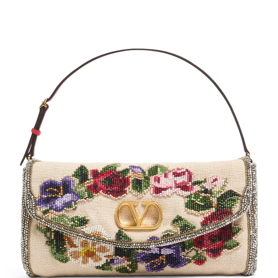 Valentino Garavani Multi Linen Beaded Vain Soft Clutch Bag