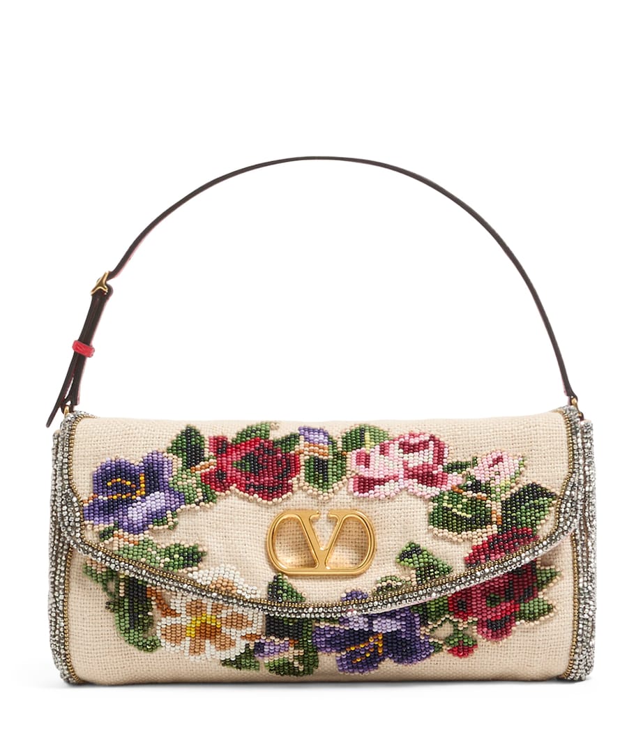 Valentino Garavani Multi Linen Beaded Vain Soft Clutch Bag