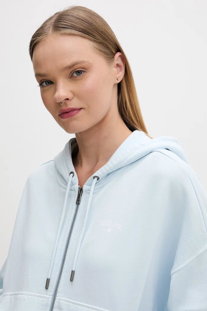 Guess Jeans fermuarlı ve kapüşonlu kadın pamuklu sweatshirt