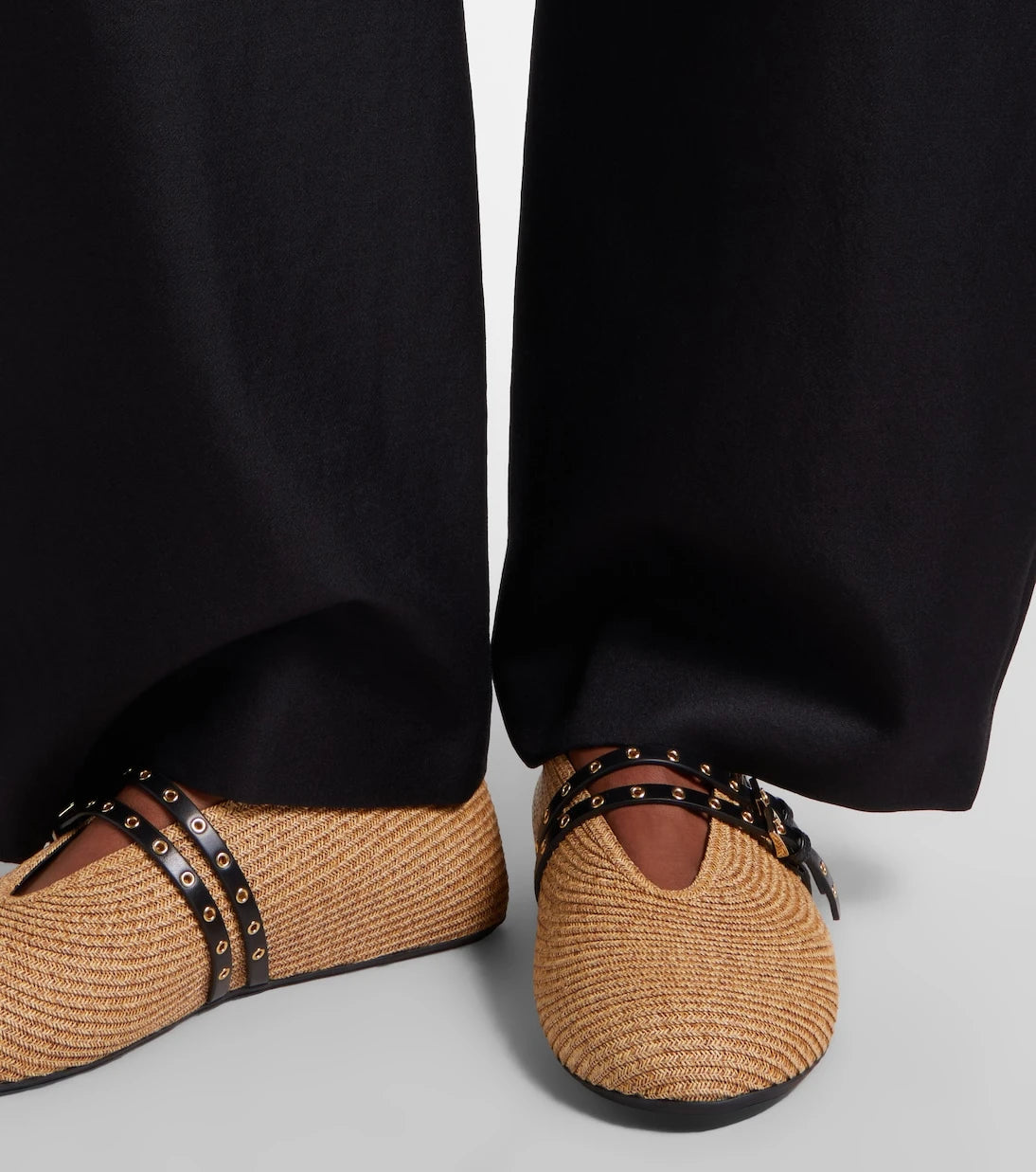 Alaïa - Paperstraw leather-trimmed Mary Jane flats