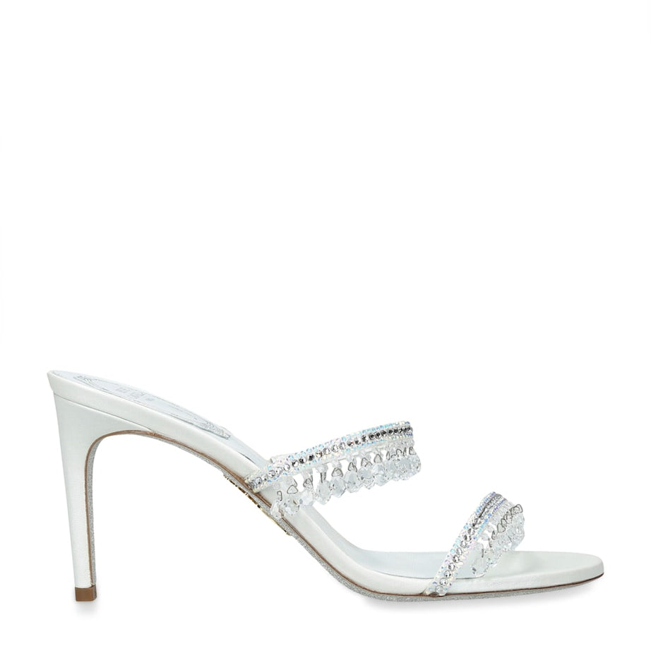 René Caovilla White Embellished Chandelier Mules 80