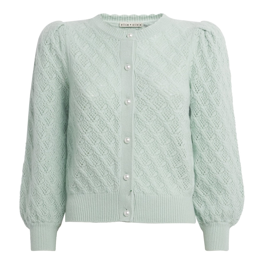 Alice+Olivia White Cashmere Puff-Sleeve Doris Cardigan