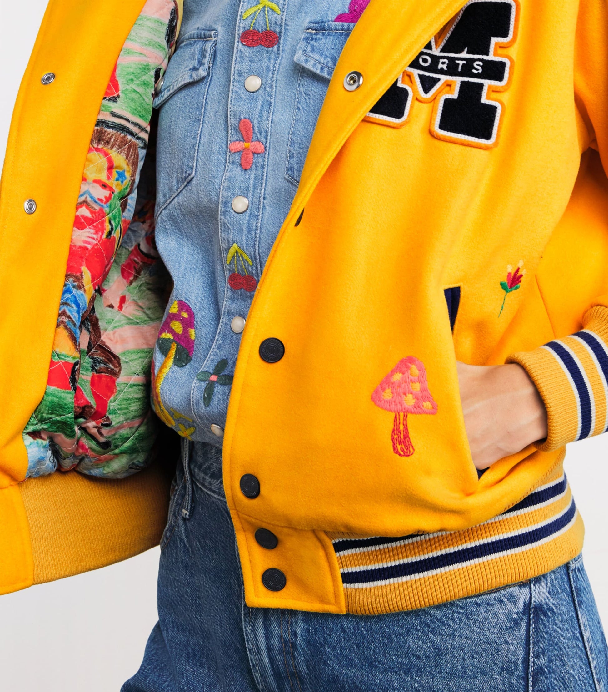 MOTHER Yellow The Split Hood Team Spirit Bomber Jacket