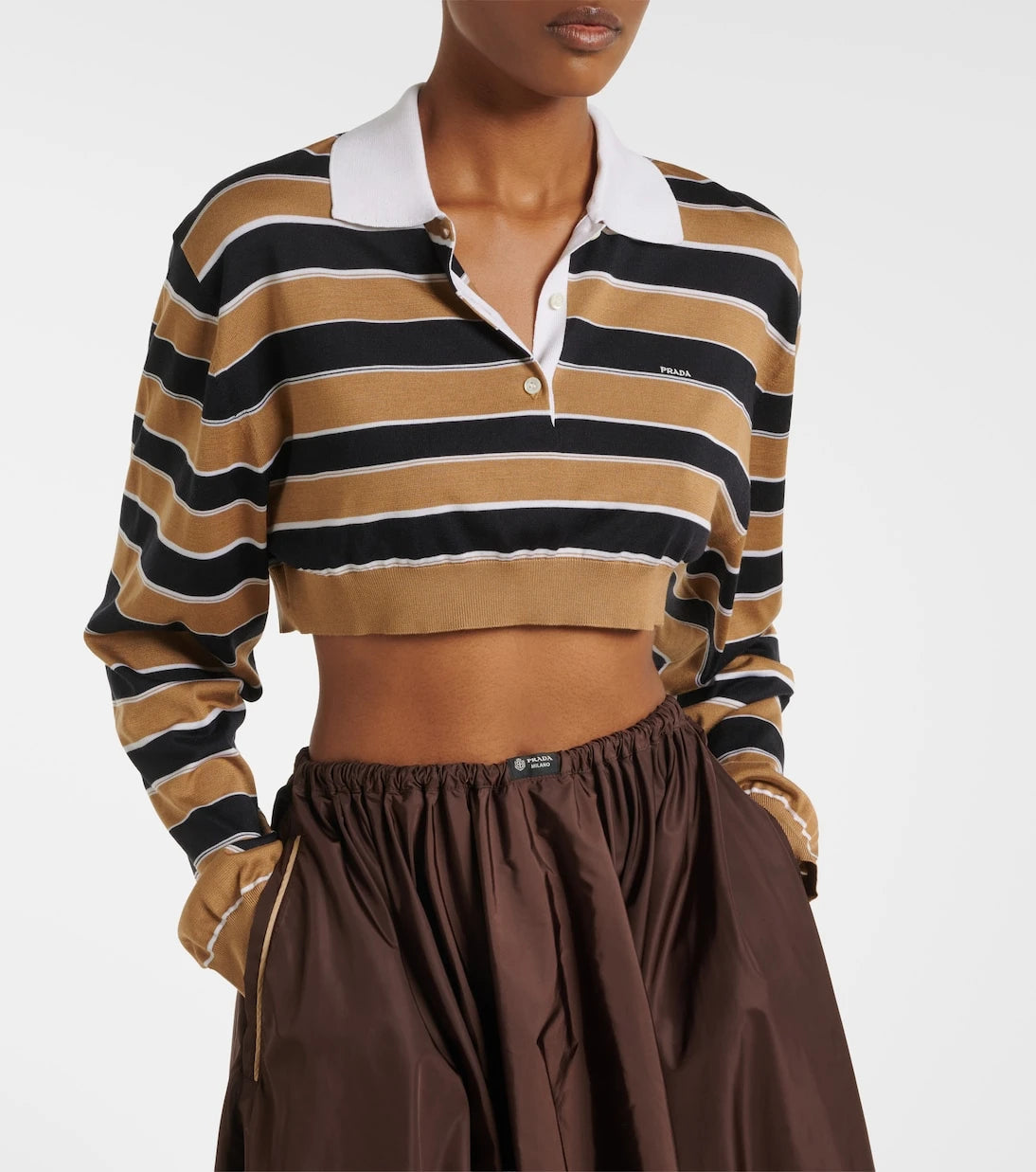 Prada - Striped cropped silk polo shirt