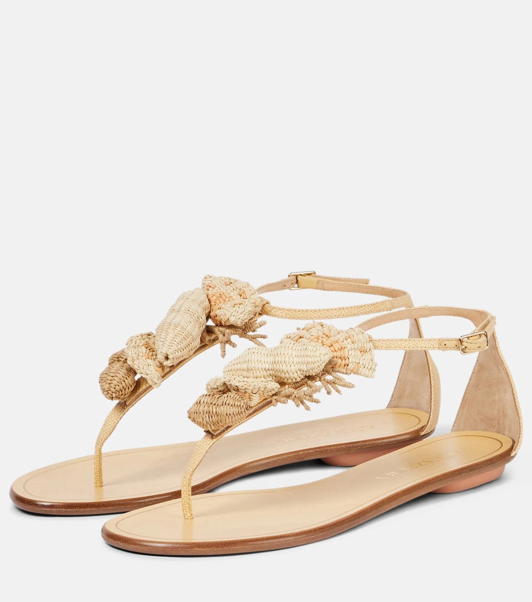Aquazzura - Marea raffia-trimmed leather thong sandals
