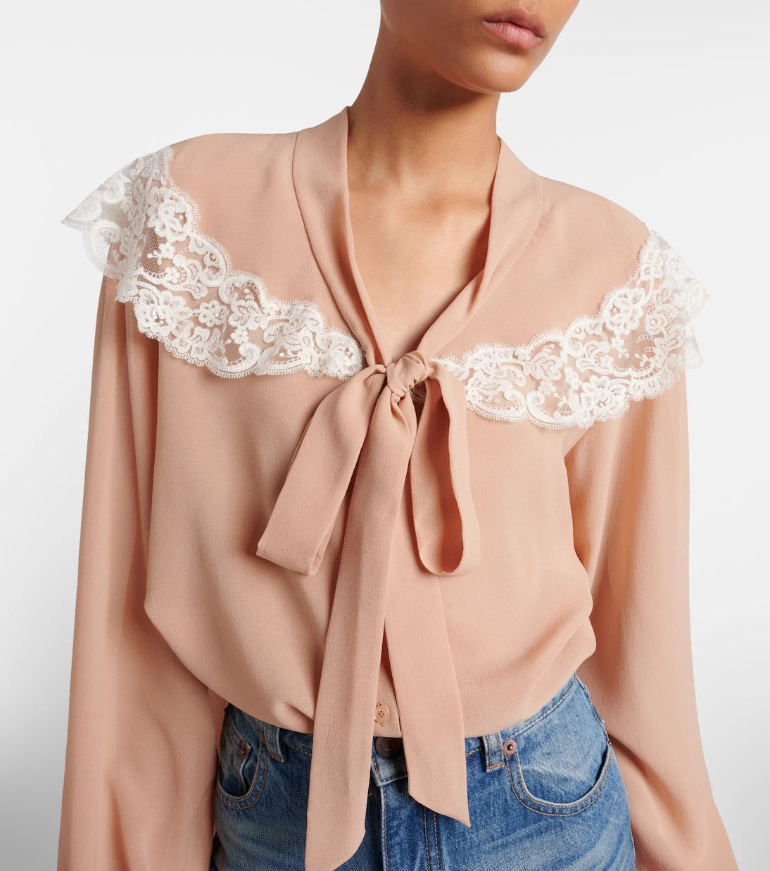 Chloé - Lace-trimmed tie-neck silk blouse