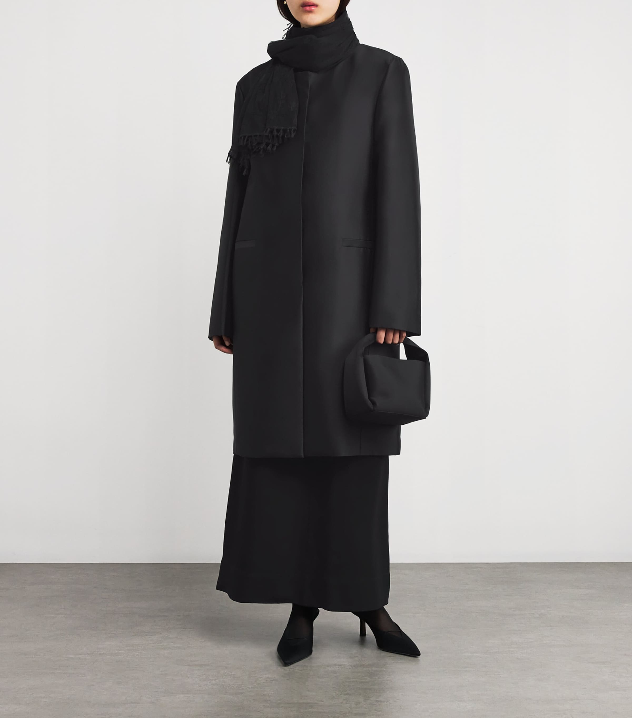 Toteme Black Silk Collarless Midi Coat