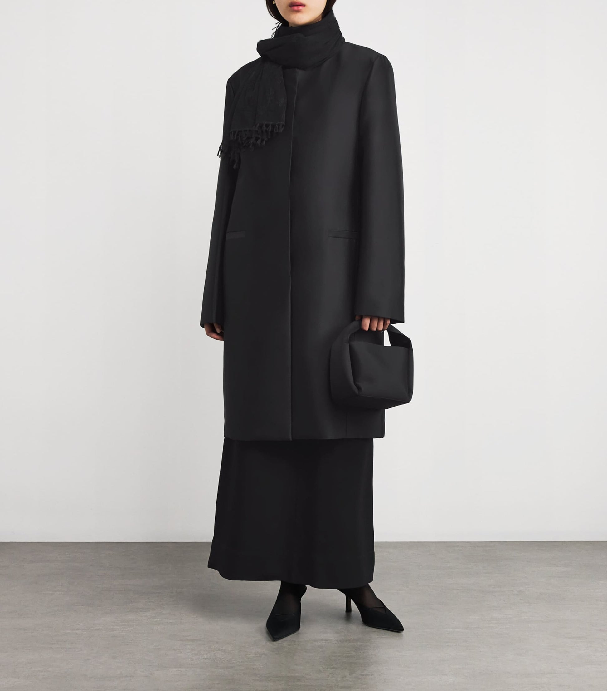 Toteme Black Silk Collarless Midi Coat